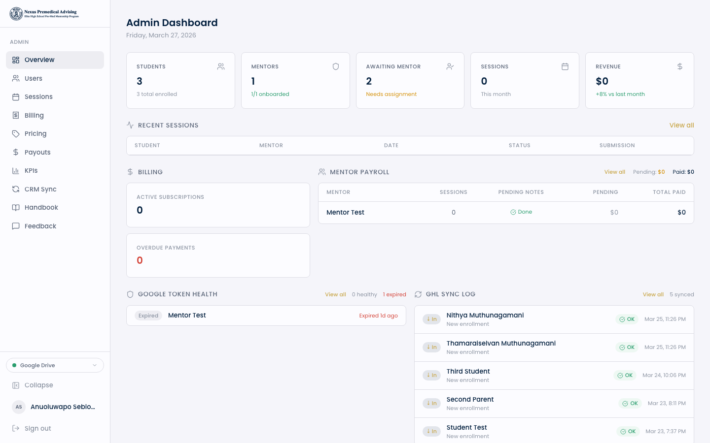 Nexus Portal. Client SaaS. Multi-tenant mentorship platform, built in 11 days.