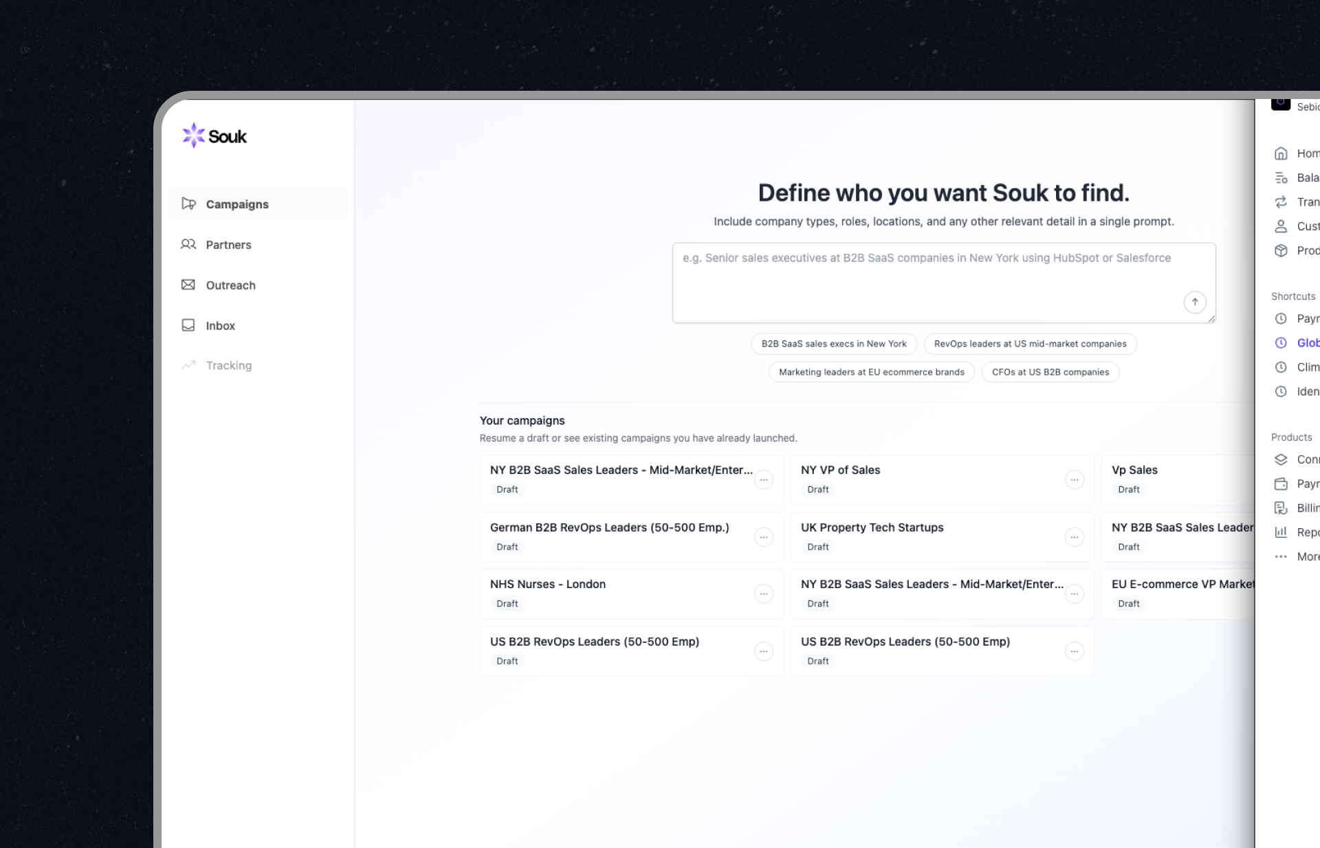 Souk. AI growth platform, Antler 2025. Designed six product surfaces, used by Deel and Google.