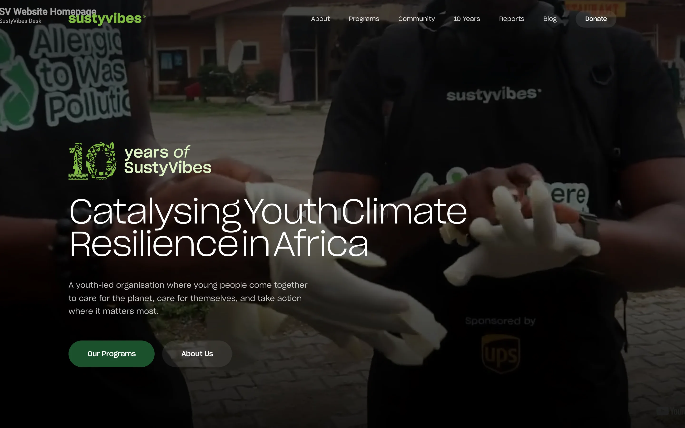 SustyVibes. Youth climate NGO, 10 years in. Brand site, designed and built.